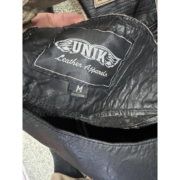 VTG UNIK Jacket Womens Medium Black Tan Leather Fringe Western Motorcycle Chaps - Picture 6 of 16